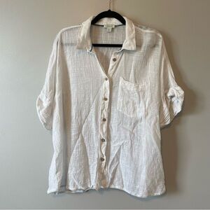 Sundance white button up short sleeve top blouse shirt cotton blend size L